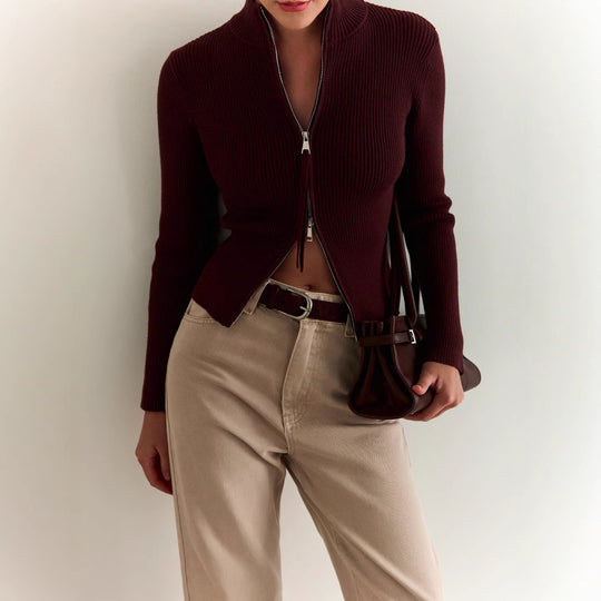 Damen Strickpullover mit hohen Kragen und Reißverschluss R&B