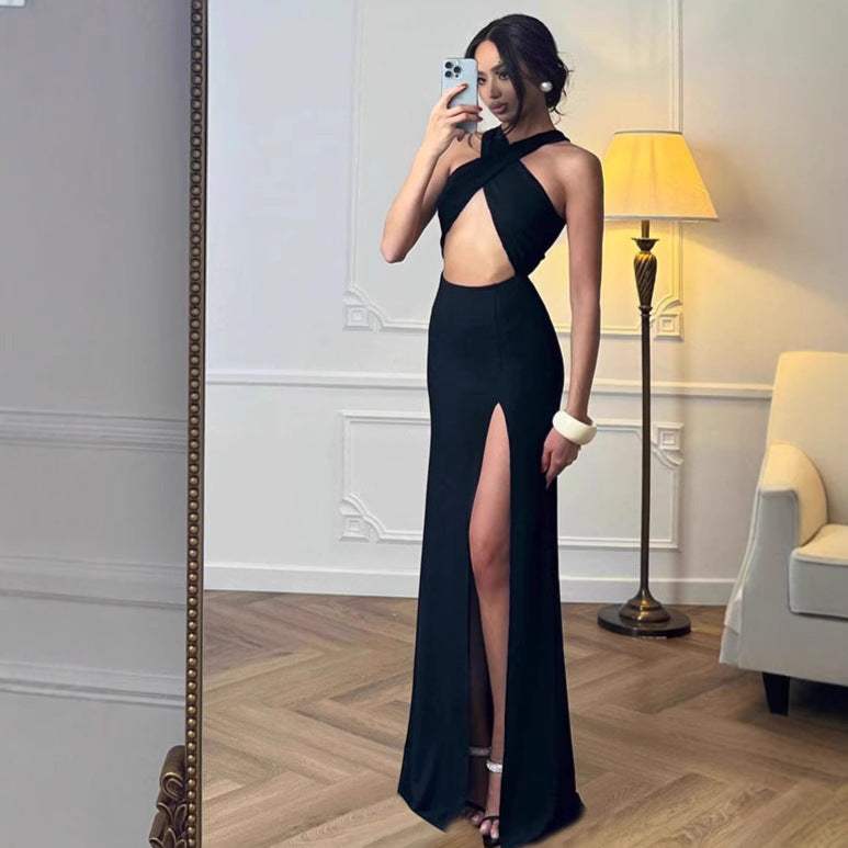 Damen Elegantes Bodycon Maxikleid mit tiefem Schlitz und raffiniertem Trägerdesign