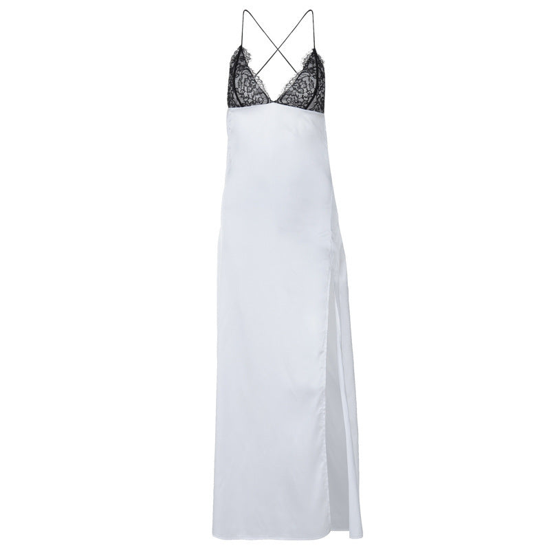 Damen Elegantes Spitzen-Maxikleid mit tiefem Schlitz und Spaghetti-Trägern R&B