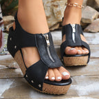 Damen Wedge-Sandalen mit dekorativem Reißverschluss und komfortablem Fußbett R&B