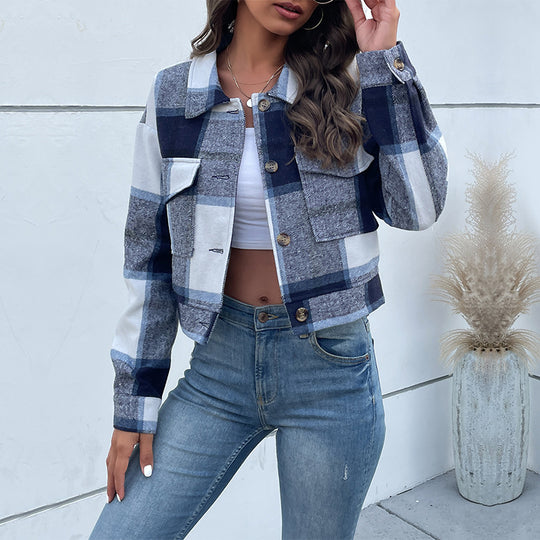 Damen Karierte Denimjacke mit Knöpfen und Brusttaschen R&B