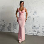 Damen figurbetontes Maxikleid mit Rüschendetails und tiefem Ausschnitt R&B