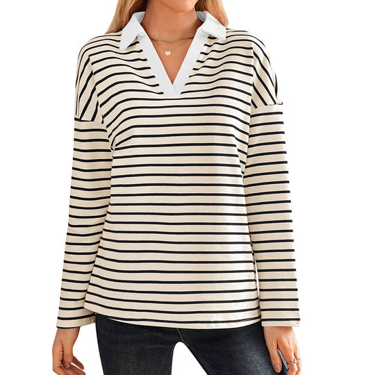 Damen gestreiftes Polo-Shirt mit V-Ausschnitt und kontrastierendem Kragen R&B