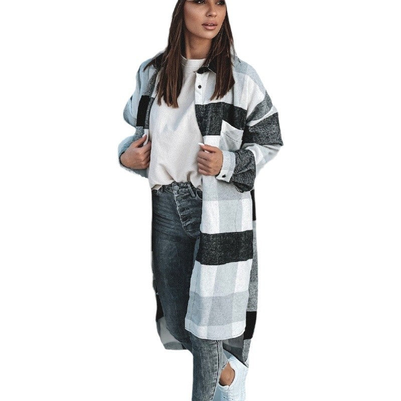 Damen Langer Karo-Wintermantel mit knöpfbarem Design und lockerer Passform R&B
