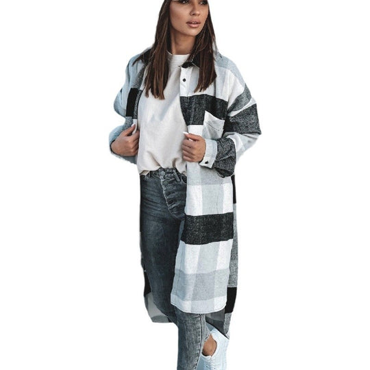 Damen Langer Karo-Wintermantel mit knöpfbarem Design und lockerer Passform R&B