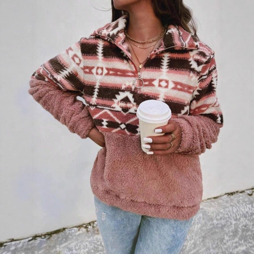 Damen Fleece-Pullover mit modernem Aztekenmuster und Stehkragen R&B