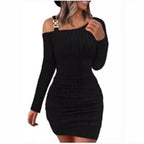 Damen Figurbetontes Strickkleid mit asymmetrischem Schulterdesign und dekorativen Akzenten