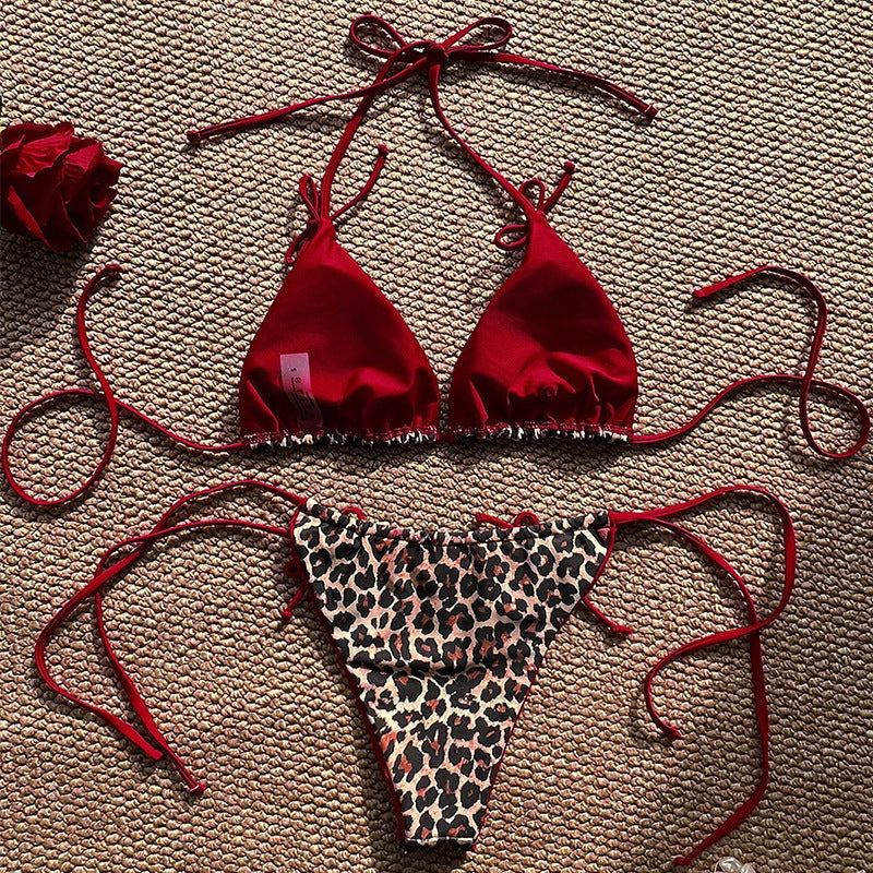 Damen Triangel-Bikini mit detailliertem Tropenmotiv und verstellbaren Bindebändern R&B