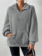 Damen Kuscheliger Fleece-Pullover mit Stehkragen und Eingrifftaschen