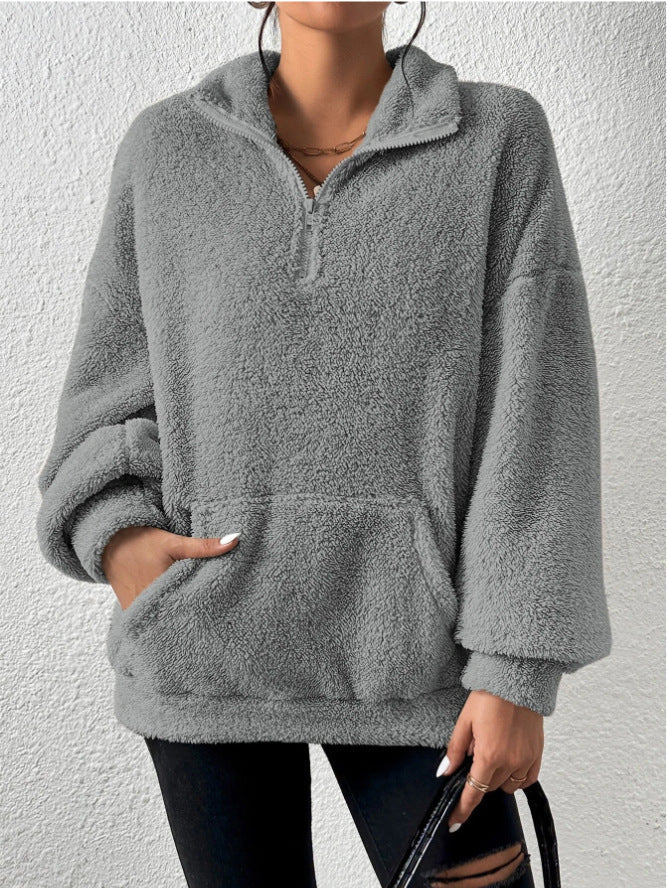Damen Kuscheliger Fleece-Pullover mit Stehkragen und Eingrifftaschen