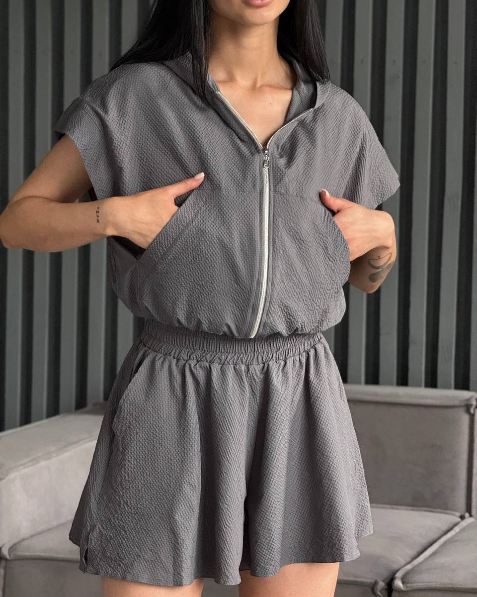 Damen sportliches kurzärmeliges Set mit leichtem Reißverschluss und elastischem Bund R&B