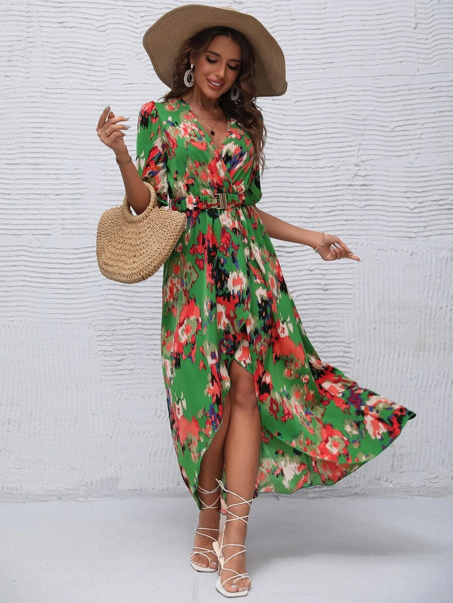 Damen Maxikleid mit asymmetrischem Saum und floralem Print R&B