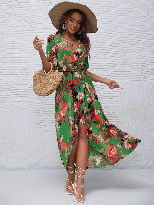 Damen Maxikleid mit asymmetrischem Saum und floralem Print R&B