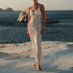 Damen Häkel-Strandkleid mit tiefem V-Ausschnitt und feiner Lochstickerei R&B