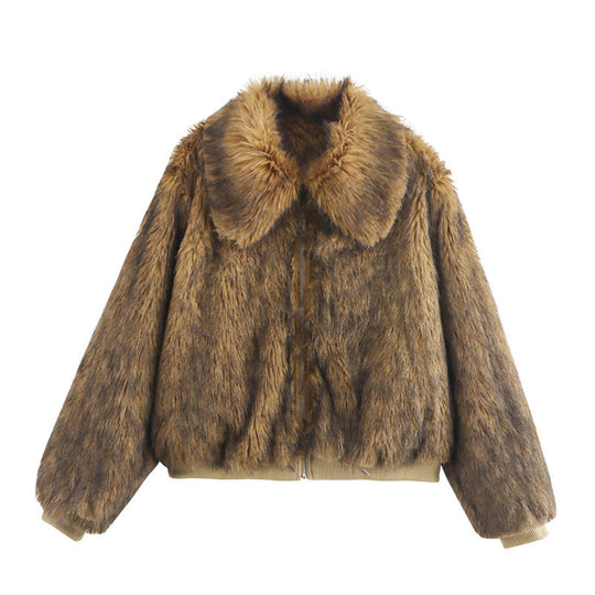 Damen elegante Kunstpelzjacke mit breitem Kragen R&B