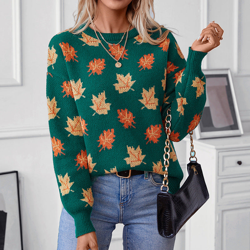 Damen Strickpullover mit strukturiertem Blättermotiv und Rundhalsausschnitt