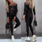 Damen Trendiges Freizeit-Outfit mit Off-Shoulder Oberteil und dekorativen Steinchen R&B