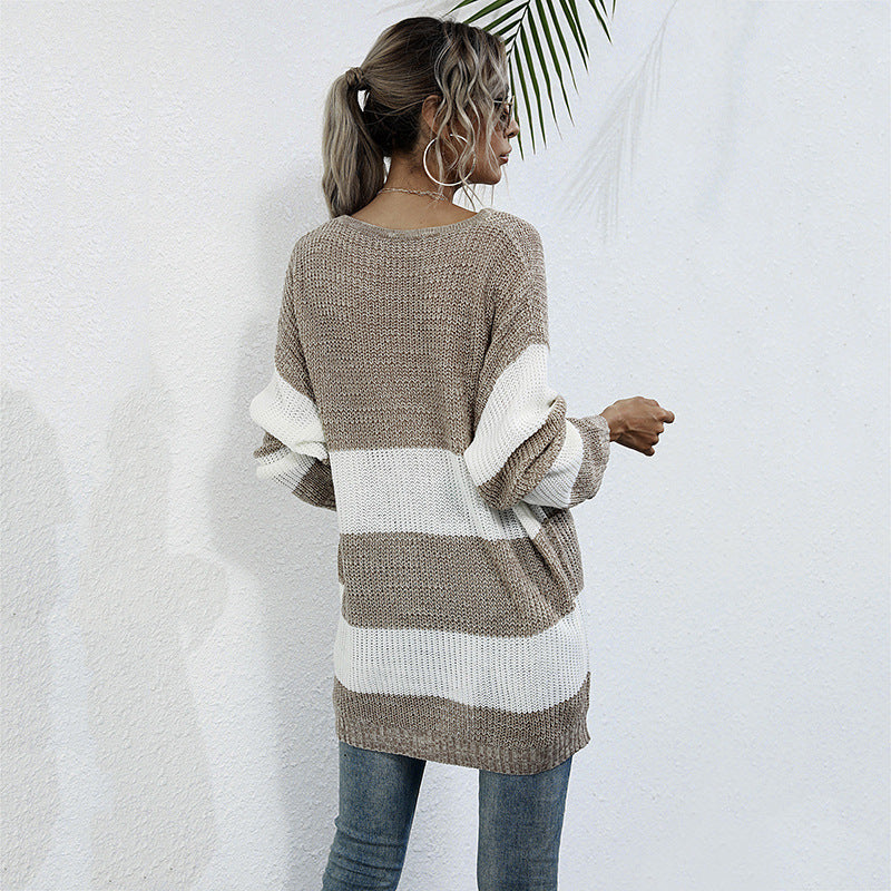 Damen Oversized Strickpullover mit gestreiftem Muster und lässigem Schnitt R&B