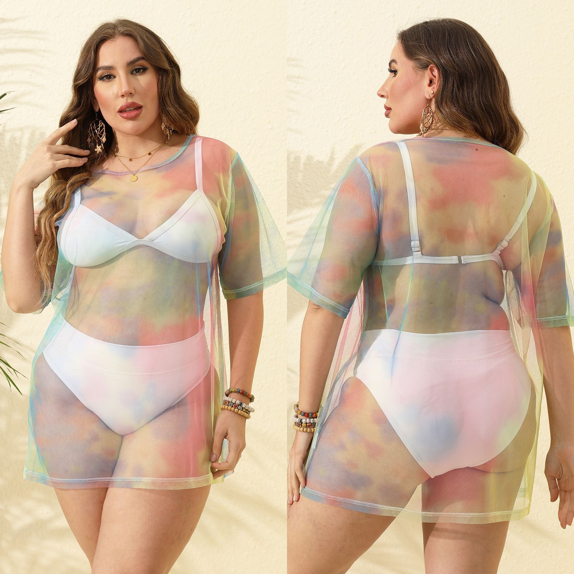 Damen transparenter Strandüberwurf aus leichtem Netzmaterial R&B