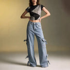 Damen Weite Cargo-Jeans mit BindR&Bändern