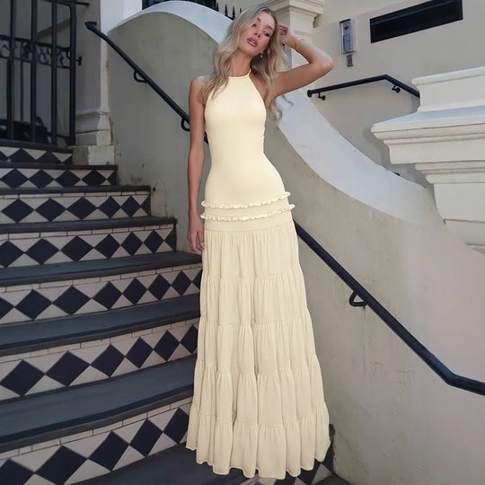 Damen Elegantes Spaghetti-Träger Maxikleid mit Rüschendetails R&B
