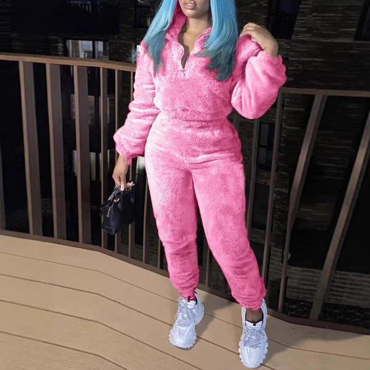 Damen nan kuscheliges Teddy-Lounge-Set mit Halbzip und Highwaist-Jogger R&B