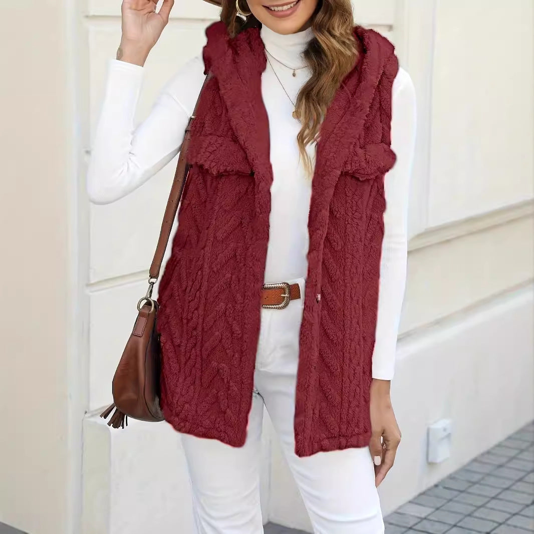 Damen lange Strickweste mit kapuze und aufgesetzten Taschen R&B