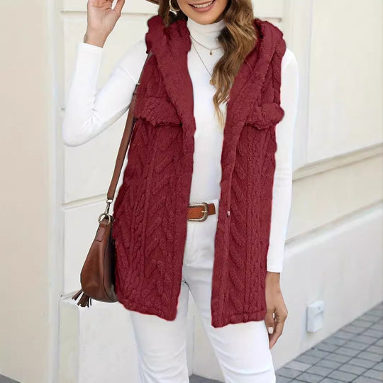 Damen lange Strickweste mit kapuze und aufgesetzten Taschen R&B