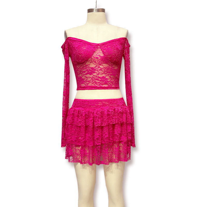 Damen Verspieltes Spitzenkleid mit transparenten Ärmeln und gestuftem Rock R&B