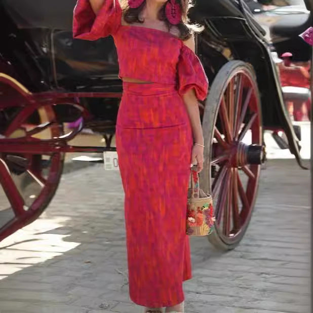 Damen figurbetontes Maxikleid mit Puffärmeln und elegantem V-Ausschnitt R&B