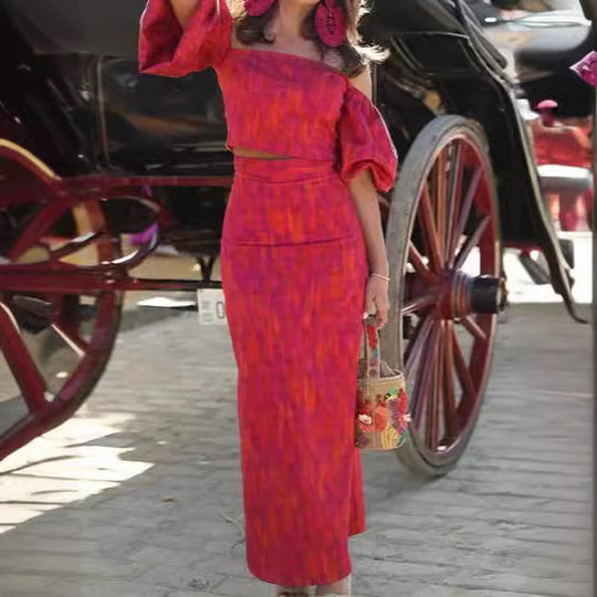 Damen figurbetontes Maxikleid mit Puffärmeln und elegantem V-Ausschnitt R&B