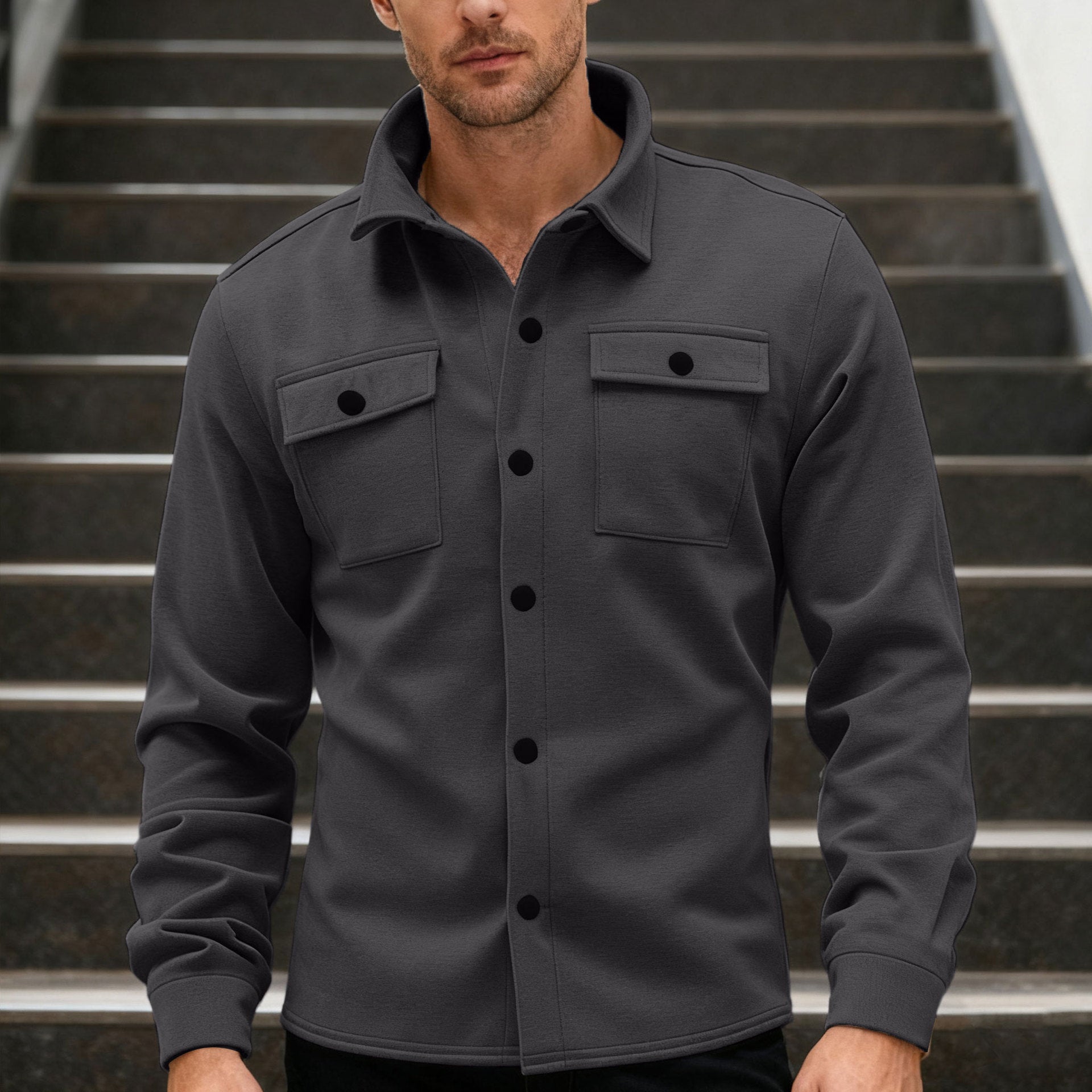 Herren nan Twill-Overshirt mit Hemdkragen, aufgesetzten Brustklappen und geradem Saum R&B