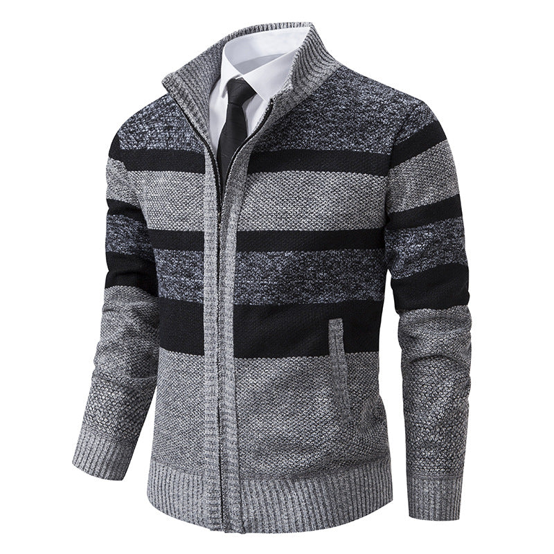 Herren Strickjacke mit Stehkragen und modernem Streifenmuster R&B