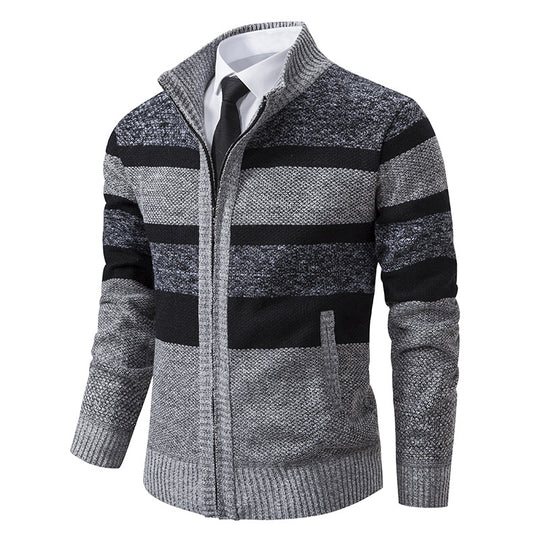 Herren Strickjacke mit Stehkragen und modernem Streifenmuster R&B