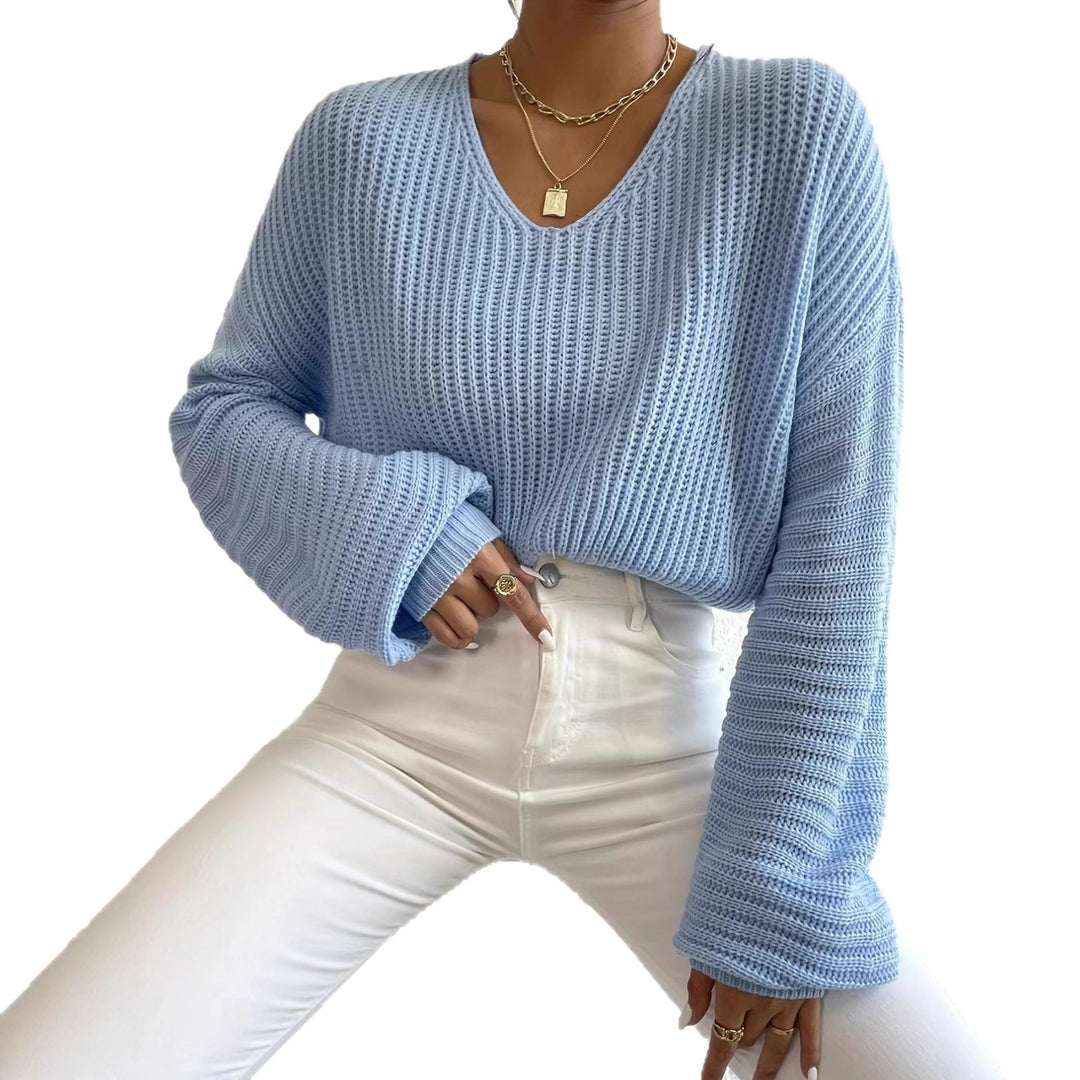 Damen Strukturierter Pullover mit V-Ausschnitt und weiten Ärmeln R&B