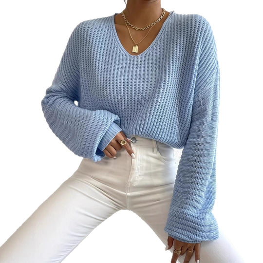 Damen Strukturierter Pullover mit V-Ausschnitt und weiten Ärmeln R&B