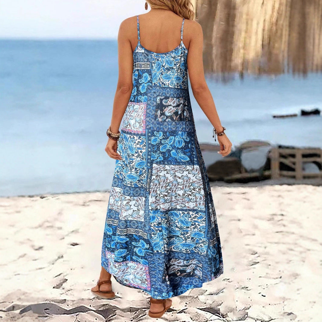 Damen Langärmliges Sommermaxikleid mit floralem Design und Spaghetti-Trägern R&B