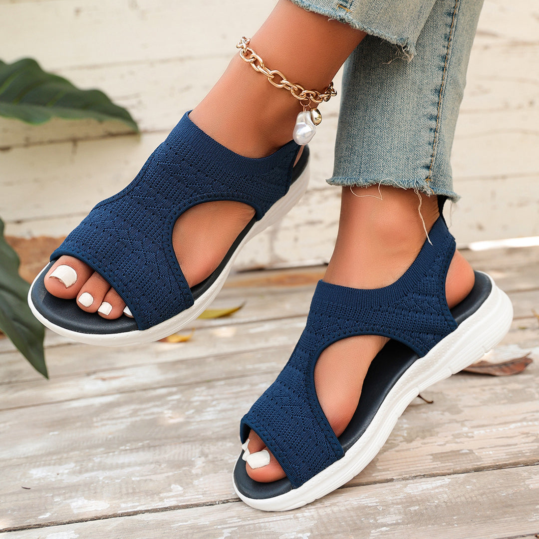 Damen sportliche Zehentrenner-Sandalen mit atmungsaktivem Strickdesign und elastischen Riemen R&B