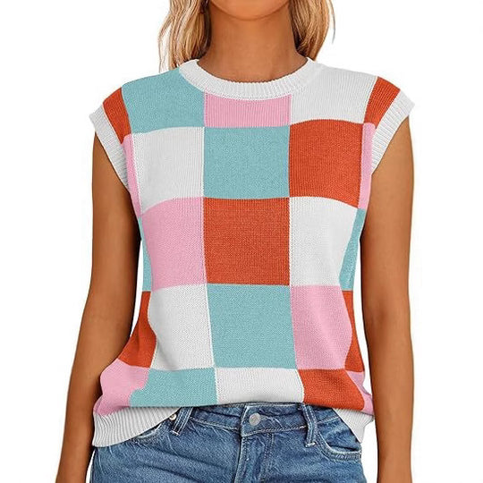 Damen lässiges ärmelloses Pullover-Top mit karierter Musterung R&B