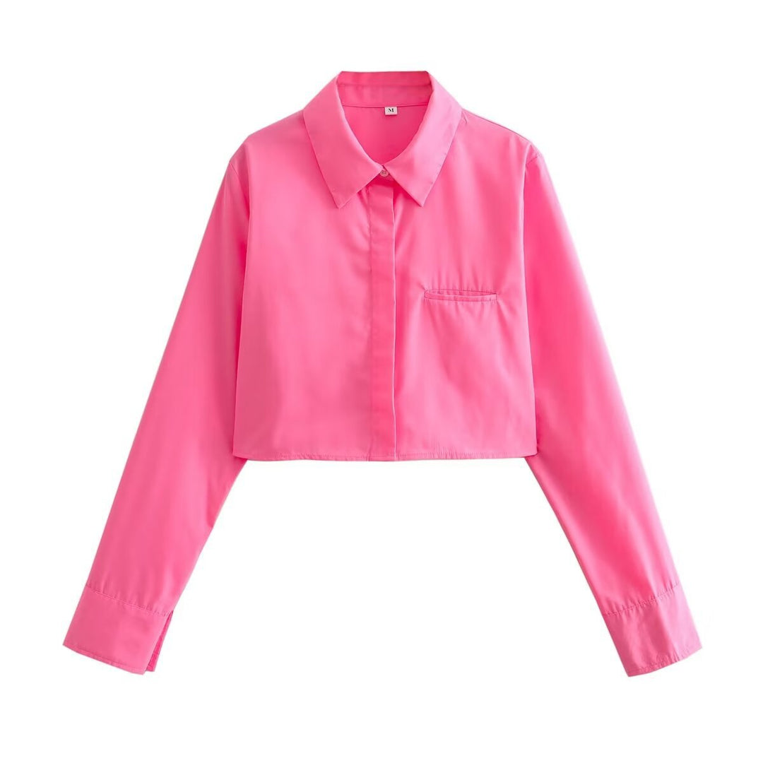 Damen cropped Bluse mit klassischem Kragen und praktischen Brusttaschen R&B