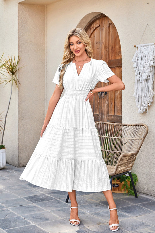 R&B | Kleid mit V-Ausschnitt und plissierten Blasenärmeln