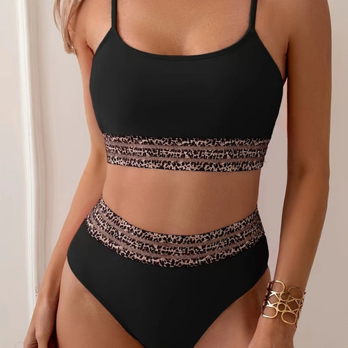 Damen Bikini-Top mit hoch geschnittenem Unterteil und Leopardendruck R&B