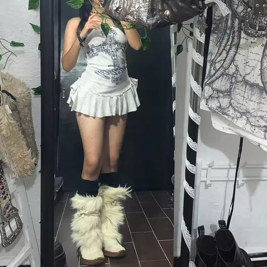 Damen Figurbetontes Rüschenkleid mit Kreuzmotiv R&B