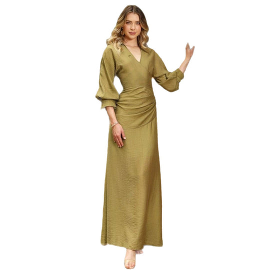 Damen Maxikleid mit gekräuseltem Wrap-Design und voluminösen Ärmeln R&B