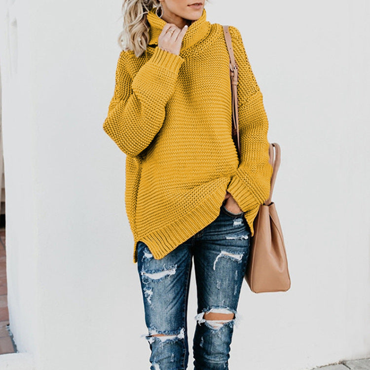 Damen Grobstrickpullover mit hohem Kragen und lässigem Schnitt R&B