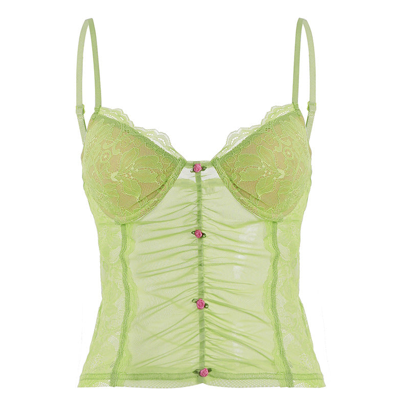 Damen Spitzen-Camisole mit wunderschöner Raffung und knopfartigen Akzenten R&B