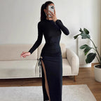 Damen elegantes, figurbetontes Kleid mit Raffungen und hohem Schlitz R&B