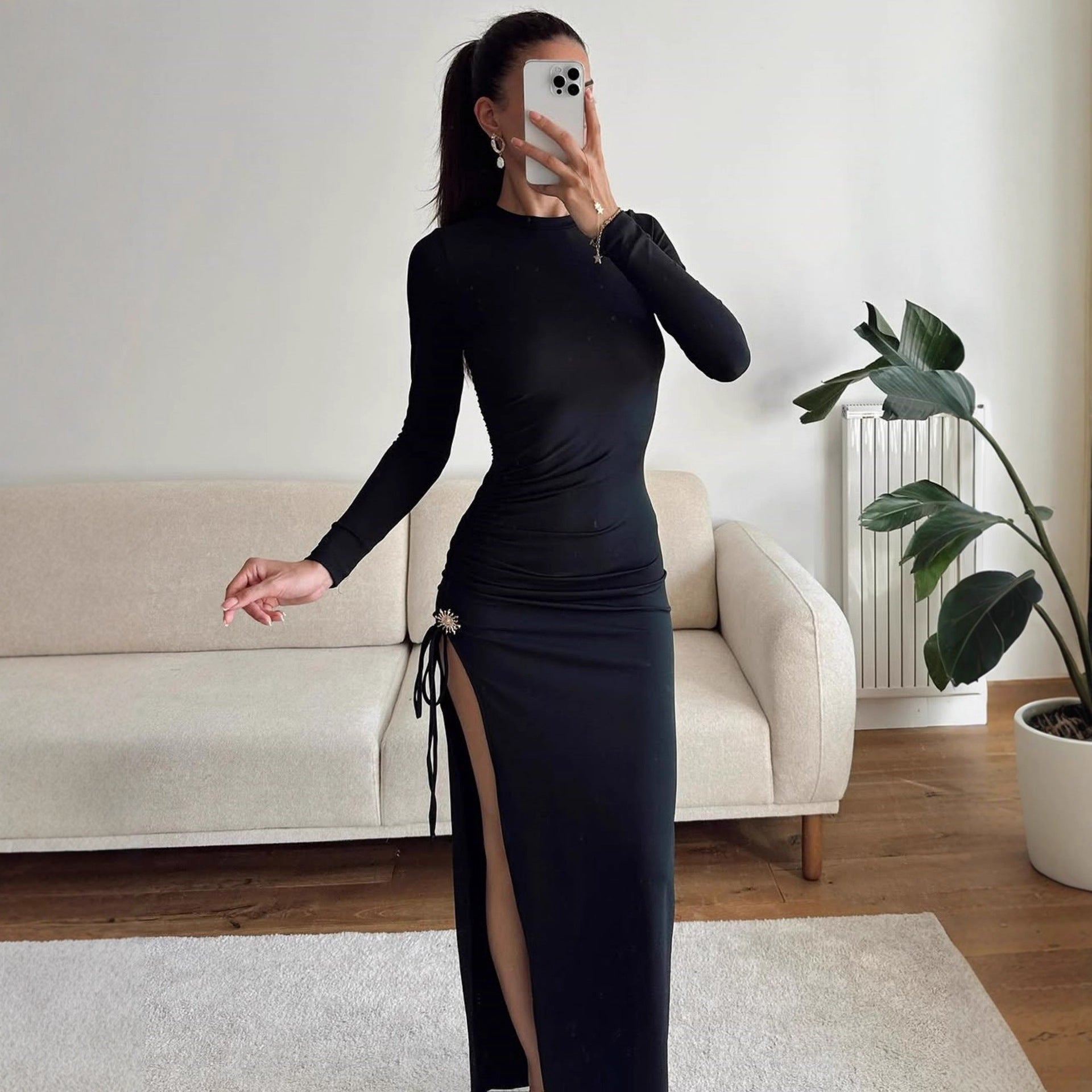 Damen elegantes, figurbetontes Kleid mit Raffungen und hohem Schlitz R&B