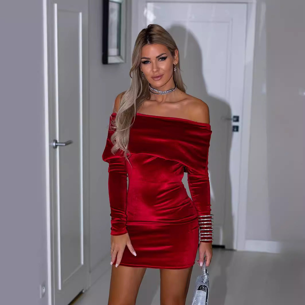 Damen elegantes Off-Shoulder Minikleid mit metallischen Akzentärmeln R&B