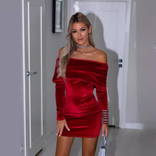 Damen elegantes Off-Shoulder Minikleid mit metallischen Akzentärmeln R&B